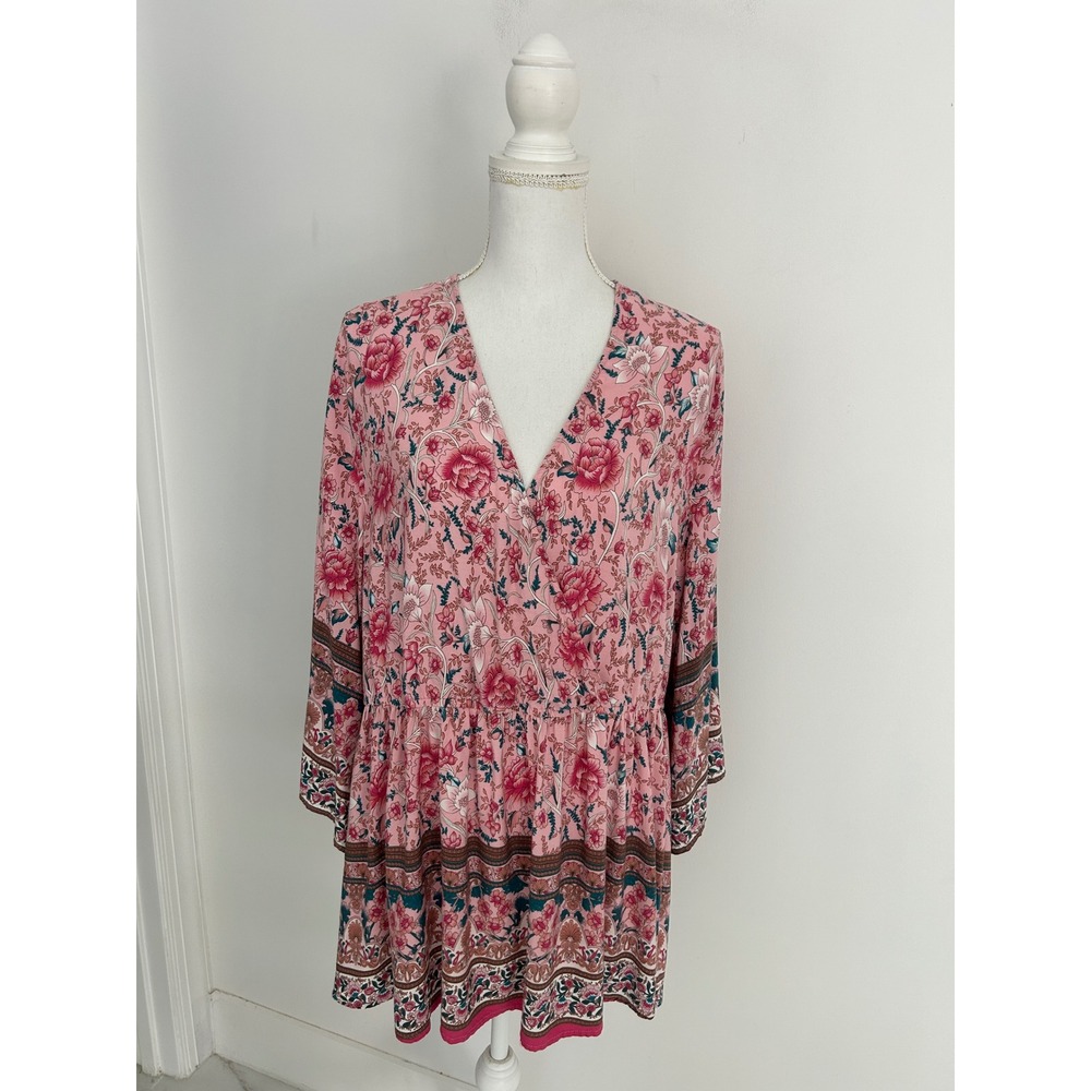 Pink Floral Boho Peasant‎ 3XL Blouse 3/4 Bell Sleeve V-Neck Border Print Rayon